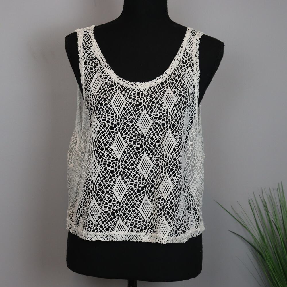 Miami‎ Style Crochet Crop Tank Off-White Mesh Y2K Boho Size L
